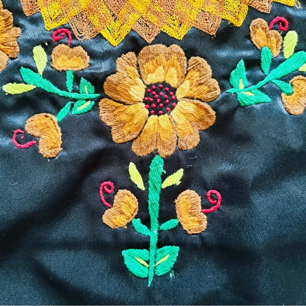 Vintage Sz L Handmade Floral Embroidered Black Satin Blouse